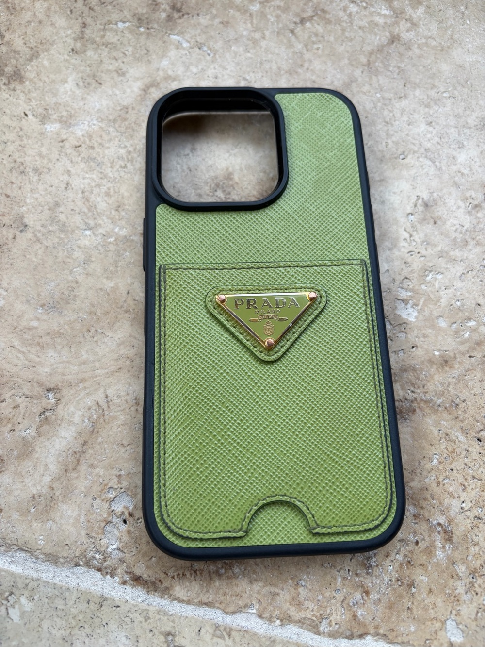 Prada Lime Green Leather Card Pocket iPhone Case with Gold Triangle Logo